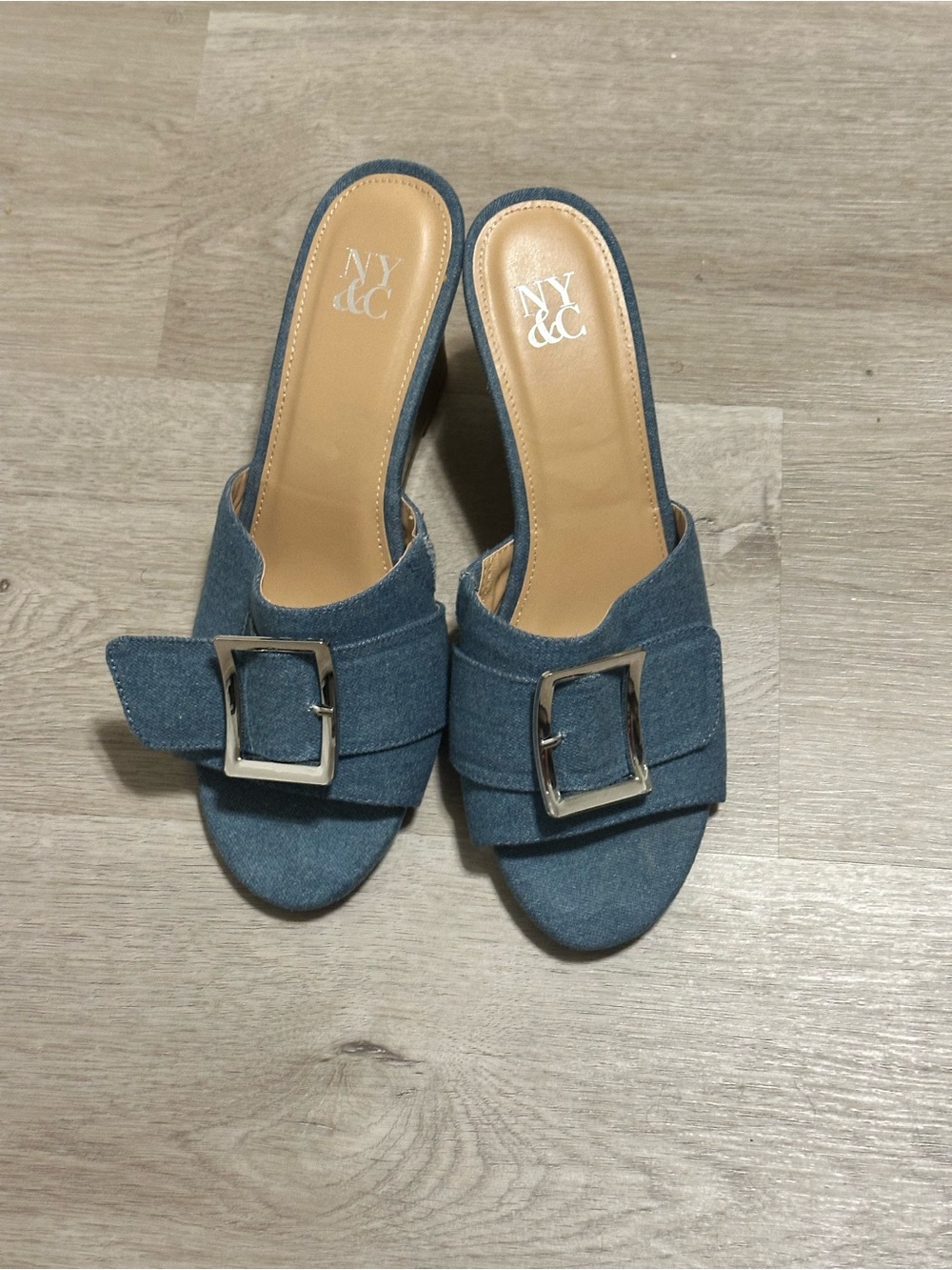 New York & Company Denim Blue Buckle Wedges